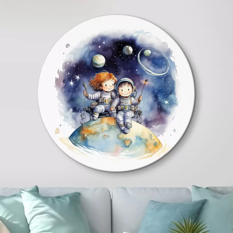 Wandbilder Kinder in Raumanzügen sitzen auf einem Planeten im Weltraum, Aquarell-Illustration für Kinder r39117