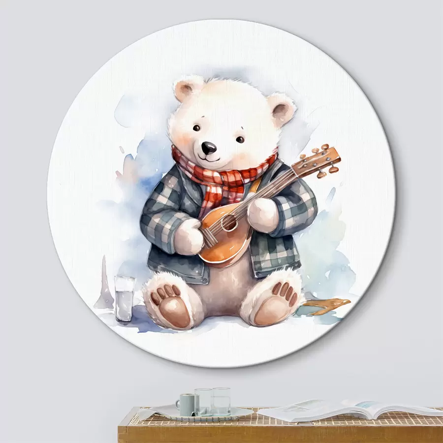 Wandbilder Eisbär-Musiker in blau kariertem Anzug und rotem Schal spielt Gitarre, Aquarell-Illustration für Kinder r39120