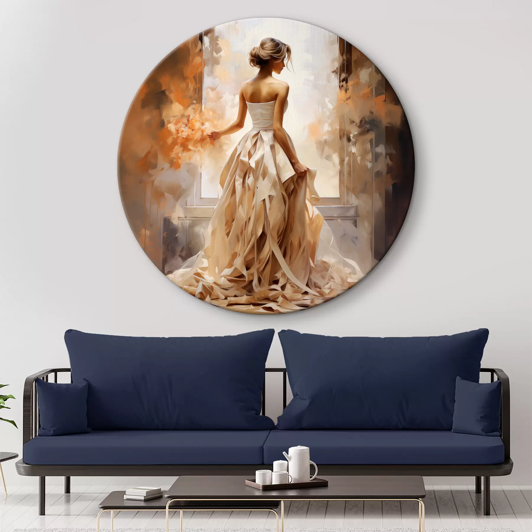 Wandbilder Ein Mädchen in einem weißen langen Hochzeitskleid steht am Fenster zwischen dem Feuer und malt mit handgemachten r39125