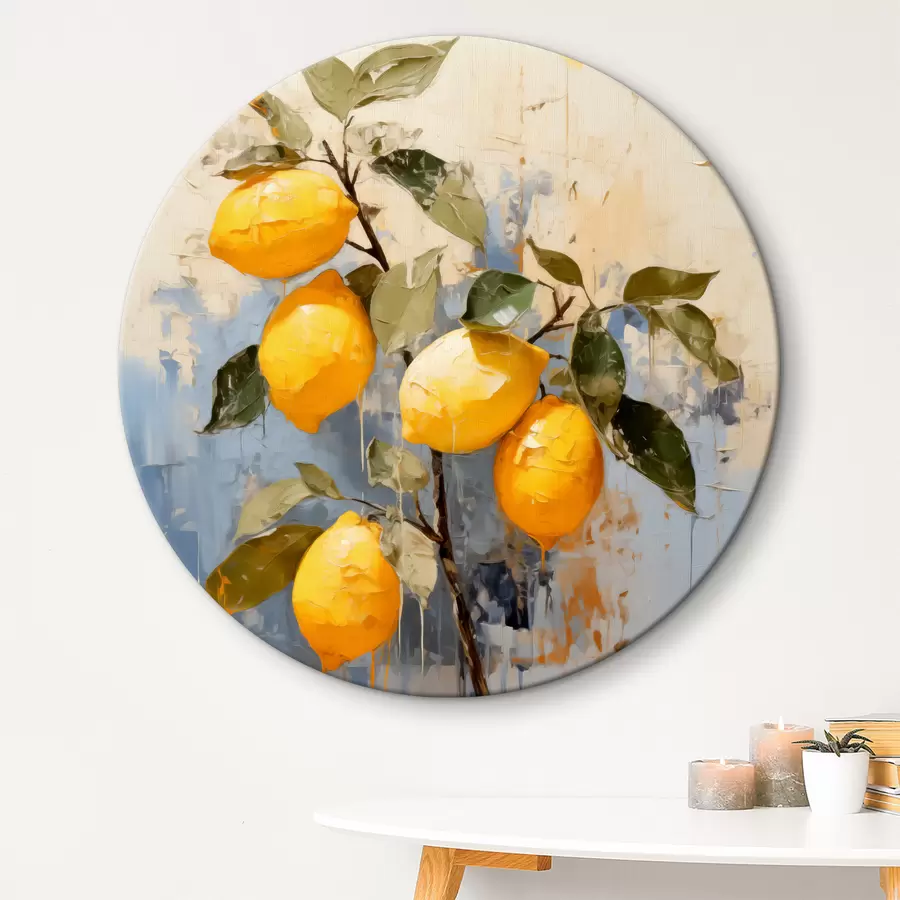 Wandbilder Zweig mit reifen Zitronen Ölgemälde abstrakte Kunst, gelb, blau und grün r39186