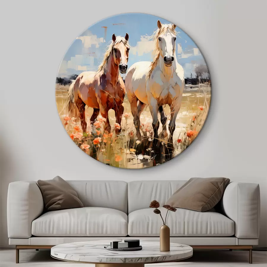Wandbilder Weiße und braune Pferde grasen auf einer Wiese zwischen Wildblumen Ölgemälde abstrakte Kunst r39187