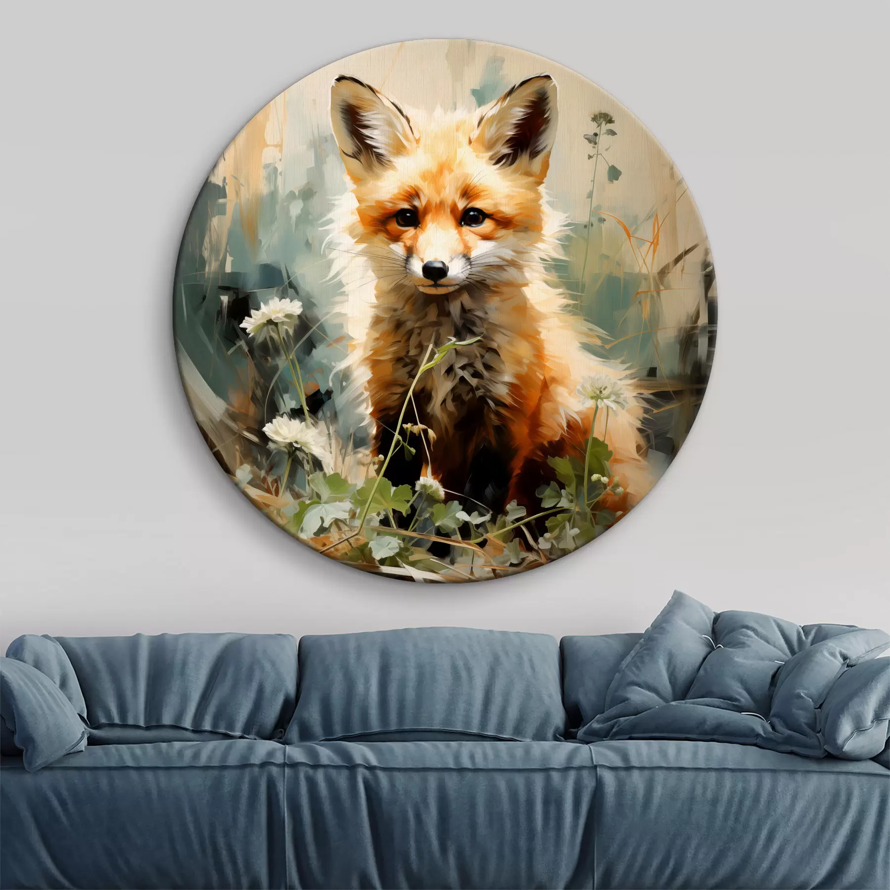 Wandbilder Roter Fuchs sitzt im trockenen Gras auf einem grünen Hintergrund Ölgemälde r39191