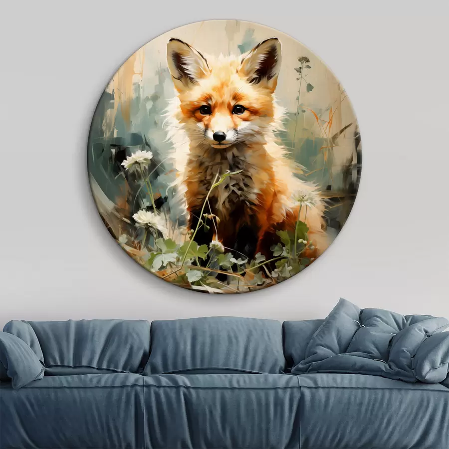 Wandbilder Roter Fuchs sitzt im trockenen Gras auf einem grünen Hintergrund Ölgemälde r39191