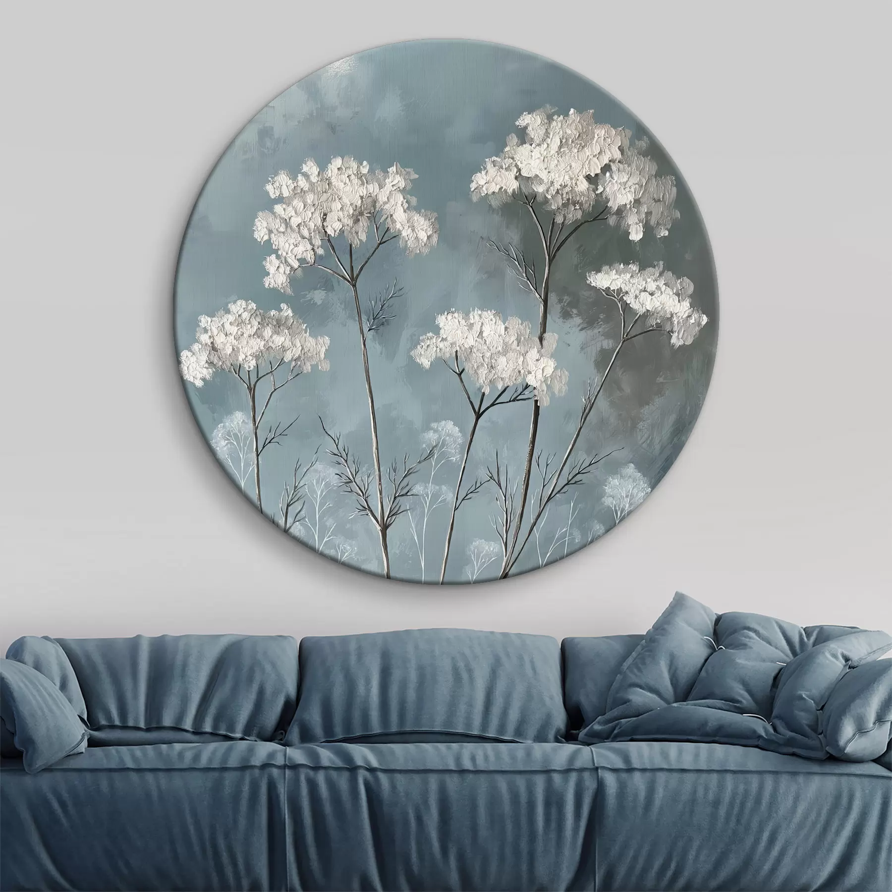 Wandbilder Ölgemälde von zarten weißen Blumen auf blauem Hintergrund r39325