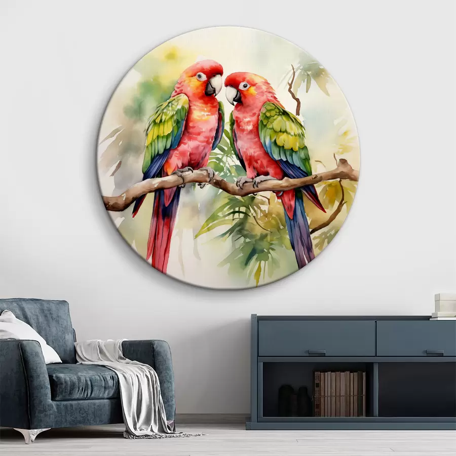 Wandbilder Zwei helle Ara Papageien sitzen auf einem Ast Aquarell r39333