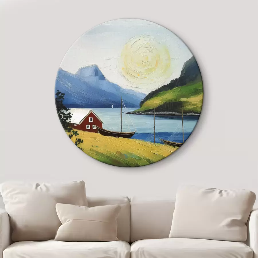 Wandbilder Nordischer Sommer, kleines Haus an der Meeresküste, Sonne am blauen Himmel, Berge r39423