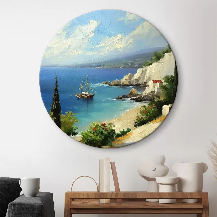 Wandbilder Griechische Küste, Schiff, blaues Wasser, Ölgemälde, Sommernatur, Felsen, lebendige Pinselstriche r39425