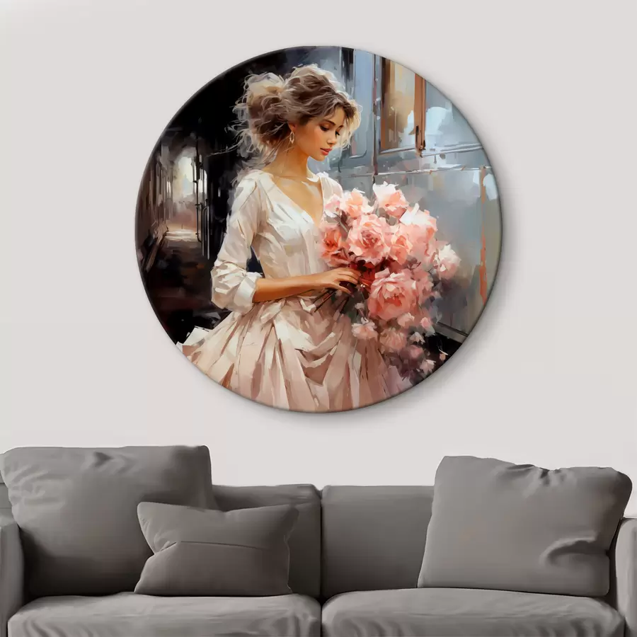 Wandbilder Ein Mädchen in einem weißen Kleid am Bahnhof hält einen Strauß rosa Rosen in ihren Händen Ölgemälde r39438