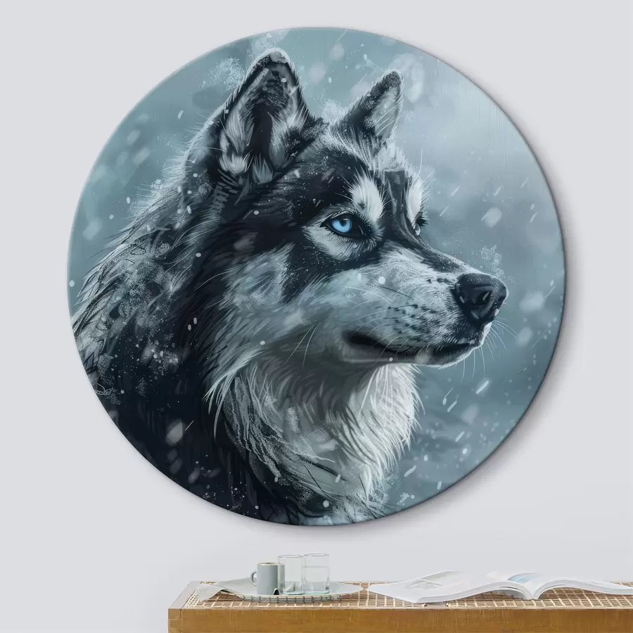 Wandbilder Husky mit blauen Augen vor winterblauem Hintergrund r39462