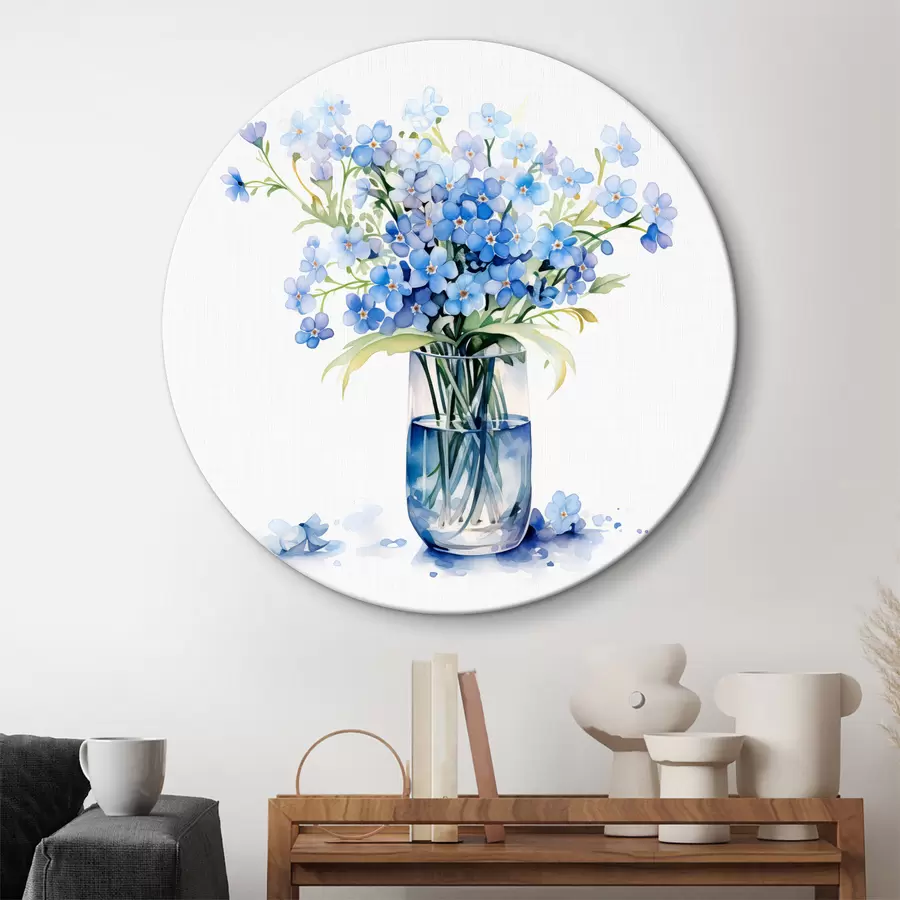 Wandbilder Blumenstrauß aus blauen Wildblumen in einer transparenten Vase Aquarell r39564