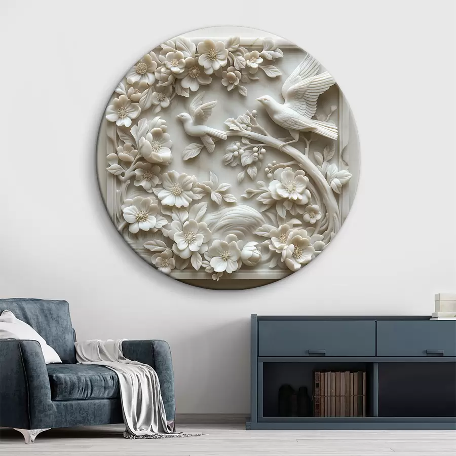 Fototapete Weißer Marmorgarten mit Flachrelief von Vögeln und Blumen r39728