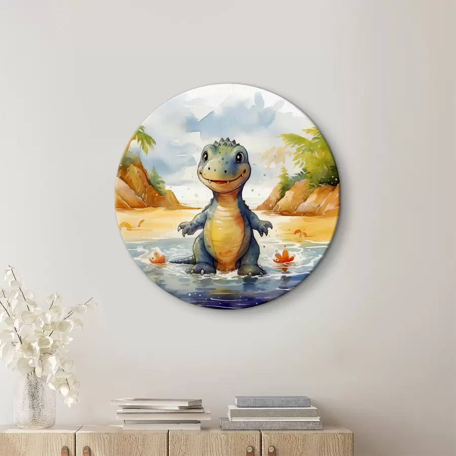 Wandbilder Dinosaurier im Fluss vor dem Hintergrund von Bergen und Farnen Aquarell r39930
