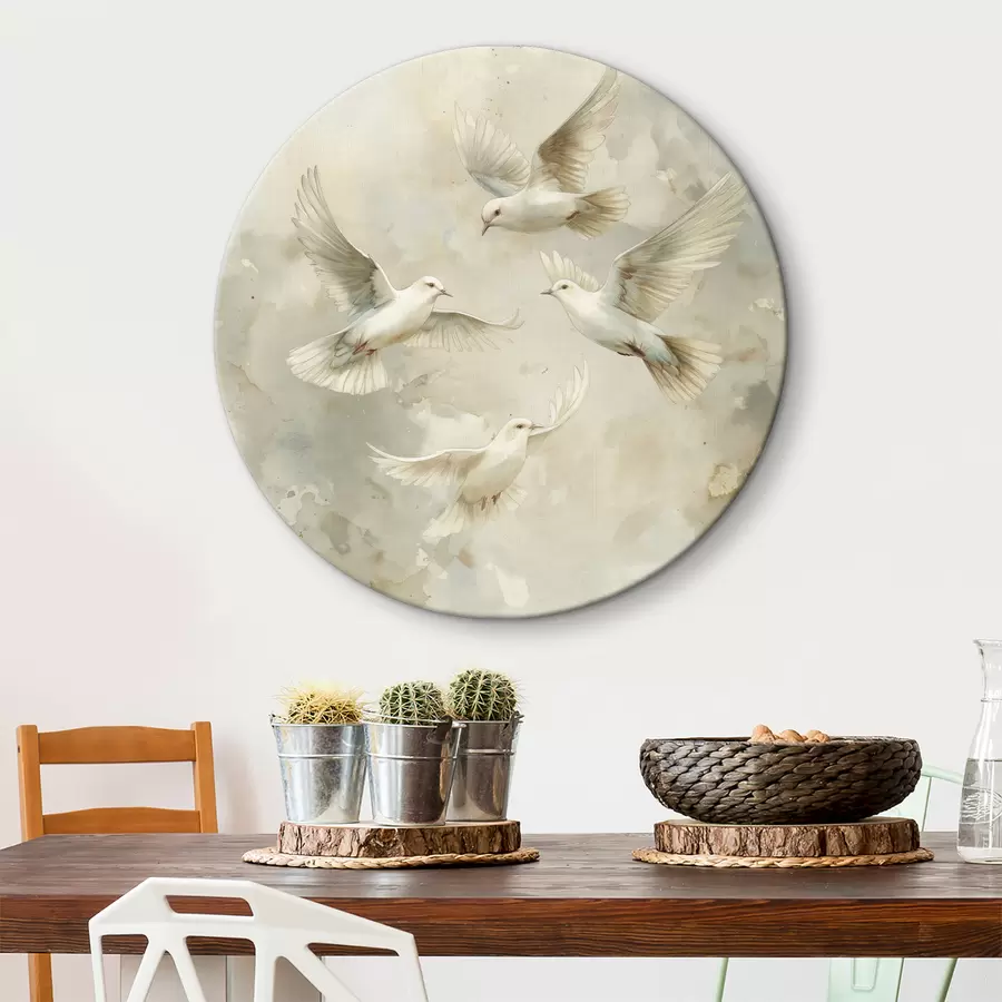 Wandbilder Aquarell fliegende Vögel, sanfte Beige- und Weißtöne, Tauben r39976