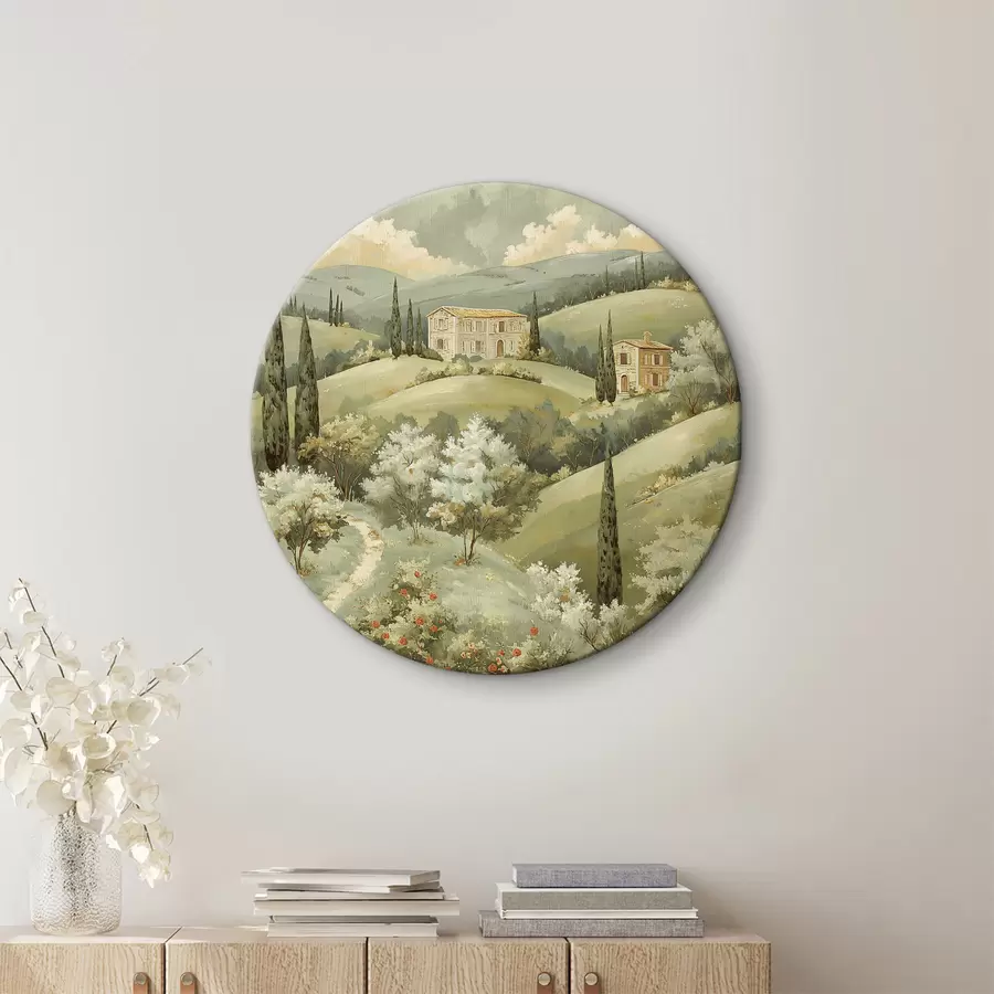 Fototapete Landschaft mit Vintage-Häusern, pastellgrüne Farben, Acrylzeichnung, Sommer r40078