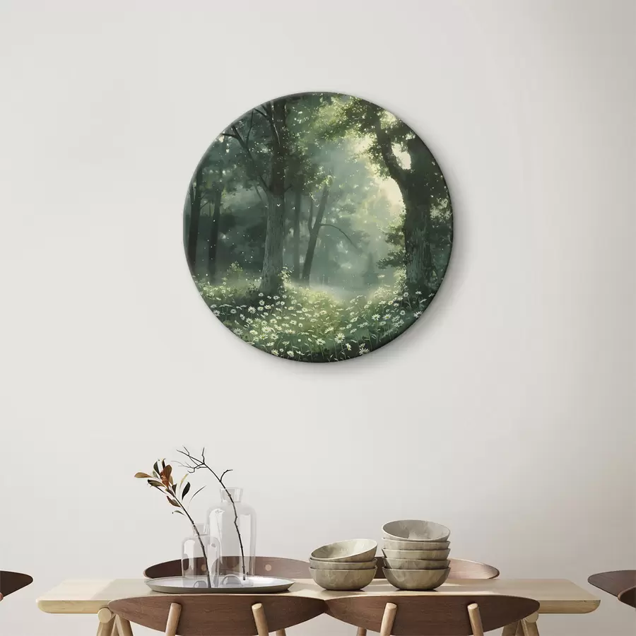 Fototapete Dichter Wald mit Sonnenlicht in den Bäumen, Kamillenblüten, grünem Gras, Natur r40224