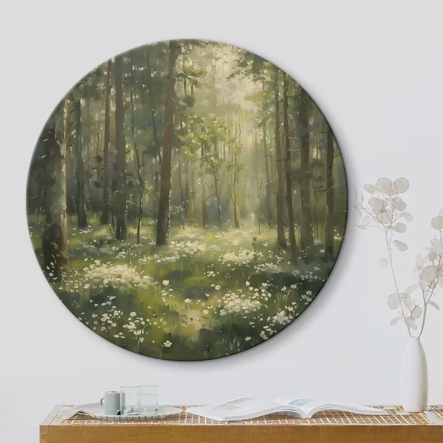 Wandbilder Wald mit Sonnenlicht in den Bäumen, Kamillenblüten, grünem Gras, Acrylzeichnung r40226