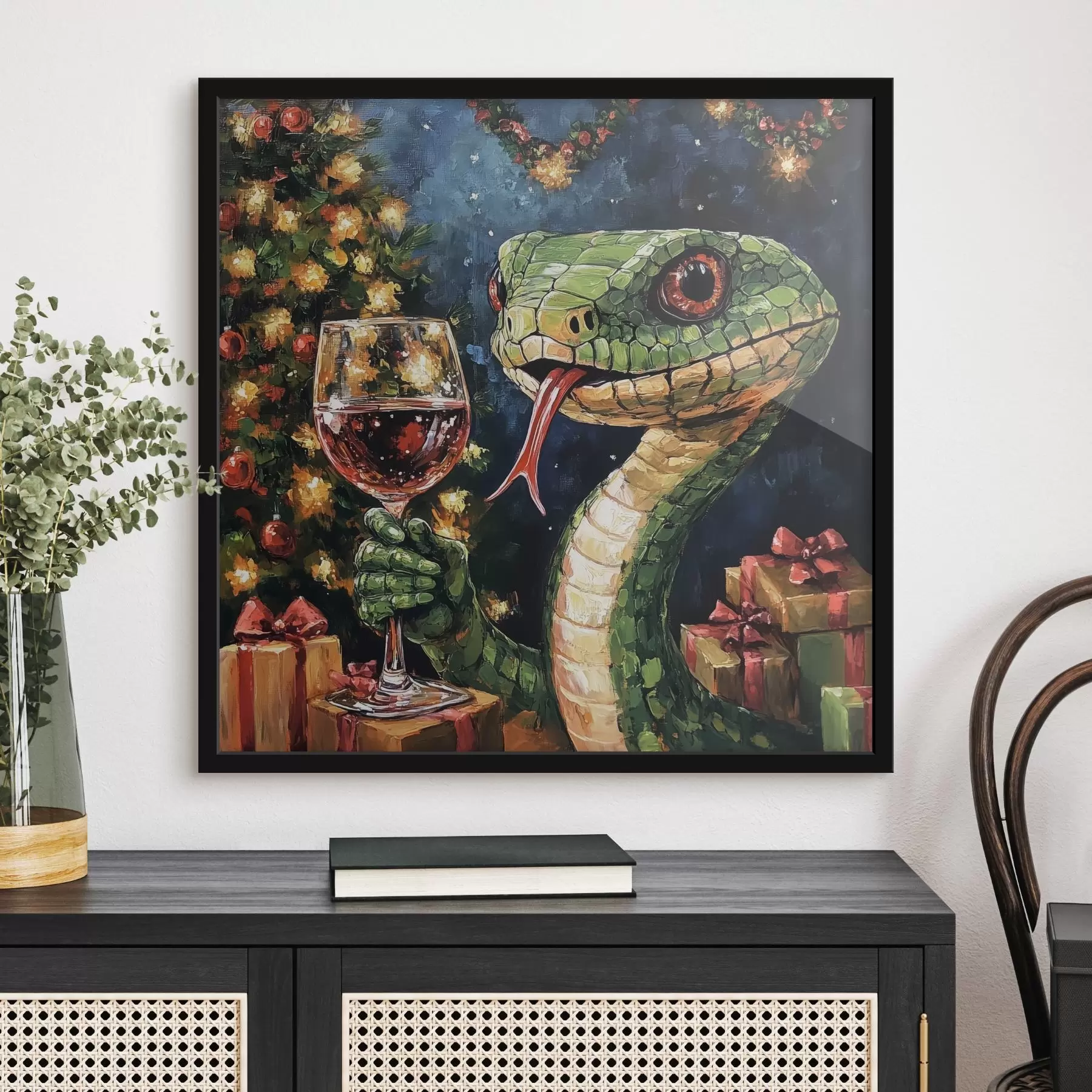 Wandbilder Eine Schlange mit einem Glas Wein feiert das neue Jahr f42106