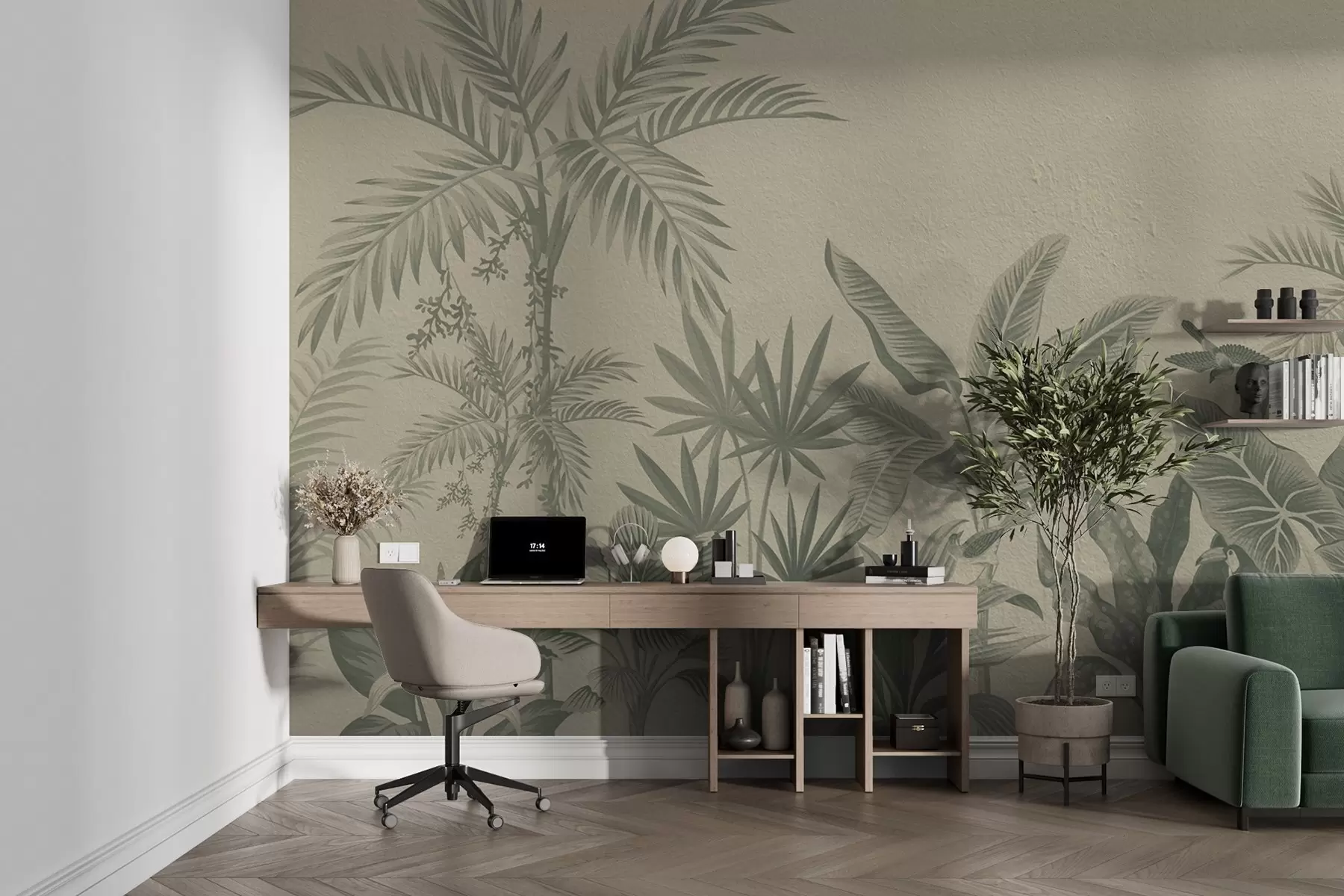 Fototapete Tropischer Dschungel mit Palmen und Vögeln in Grüntönen w08496v2