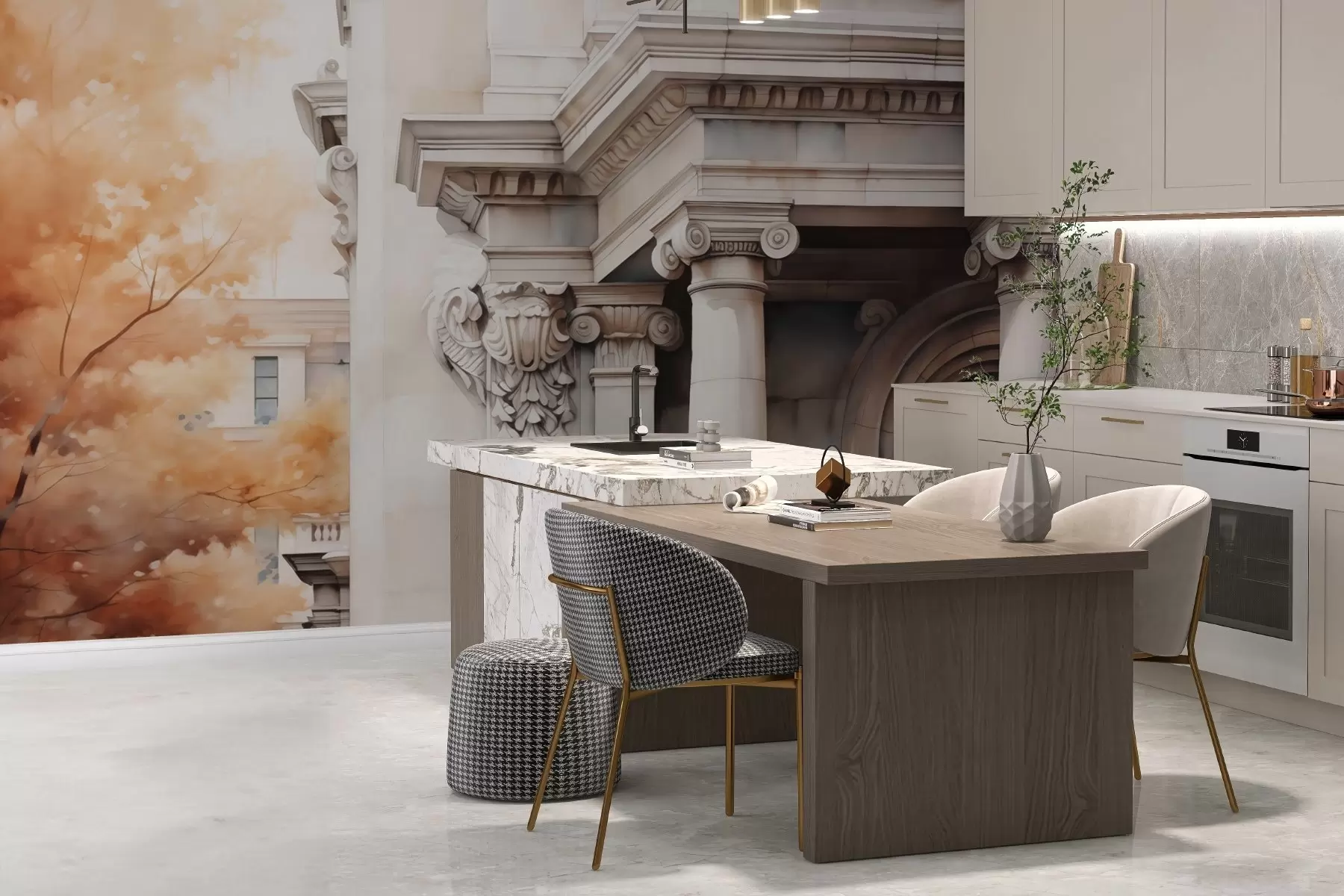 Fototapete Teil eines Hauses mit Säulen neben einem Baum Nachahmung von Aquarell w02495