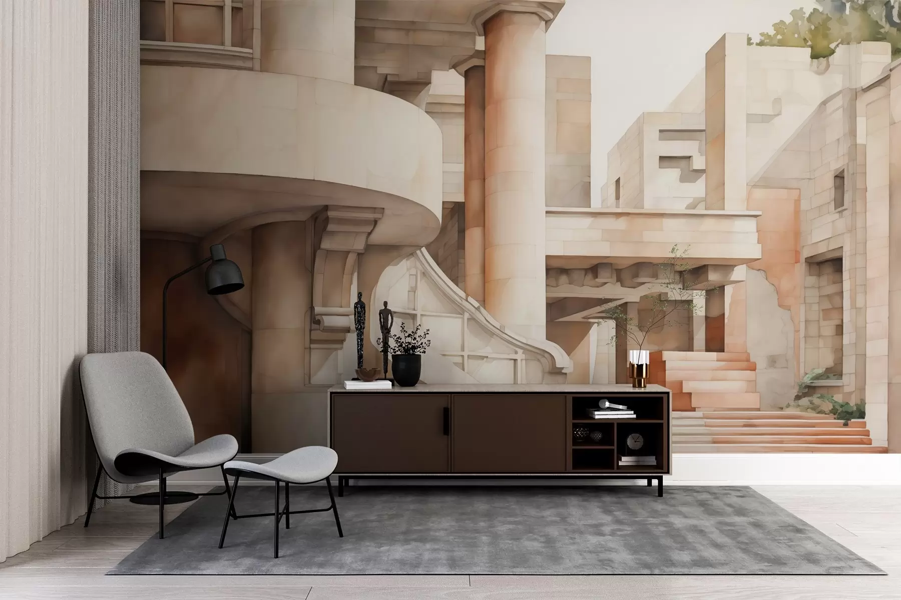 Fototapete Gebäude mit Stufen und Säulen Nachahmung von Aquarell w02498