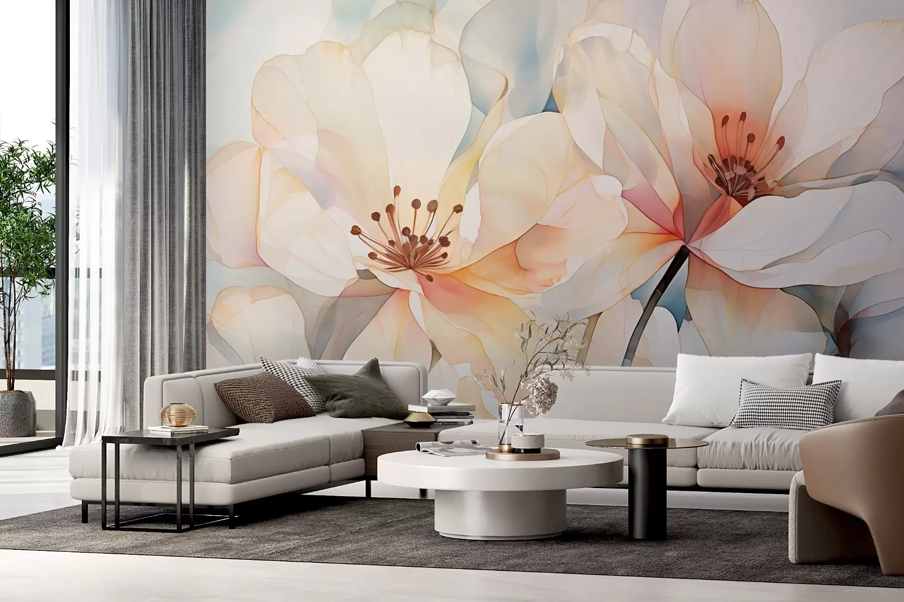Fototapete Blumen mit großen Blütenblättern Nachahmung von Aquarell w02501