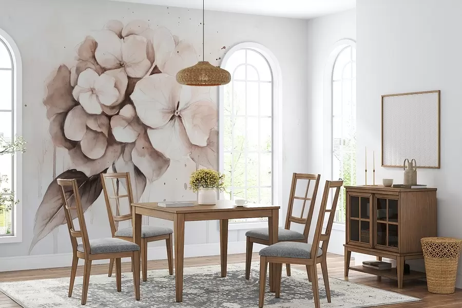 Fototapete Hortensienzeichnung, Aquarellstil, beige Farben w02483