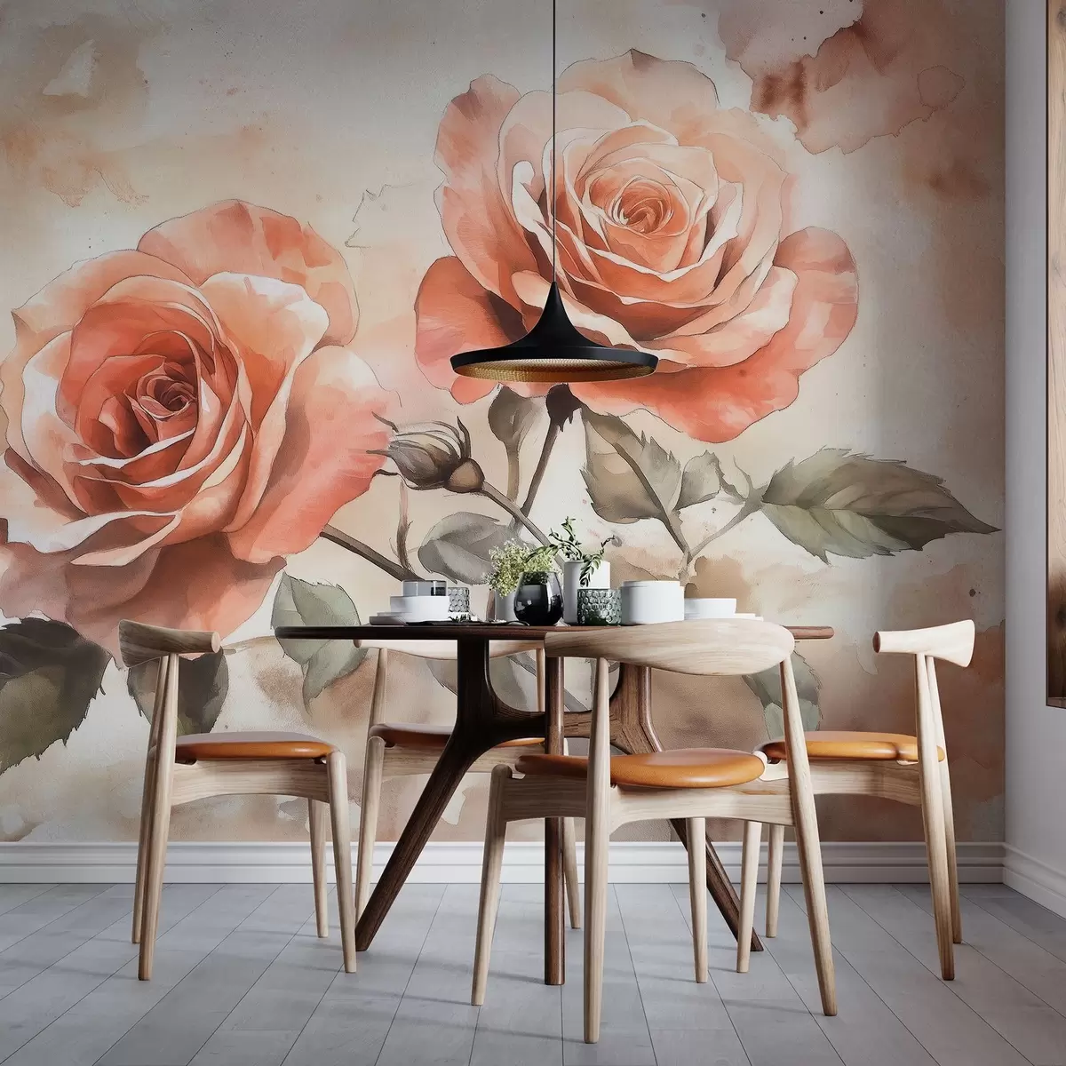 Fototapete Schöne rote Rosen in Aquarell-Stil, floral, beige Farben w02486