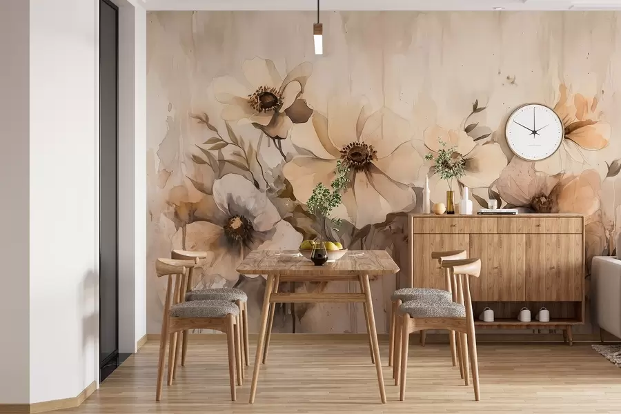 Fototapete Rustikale Blumen, Aquarell-Stil Zeichnung, beige Farben w02487