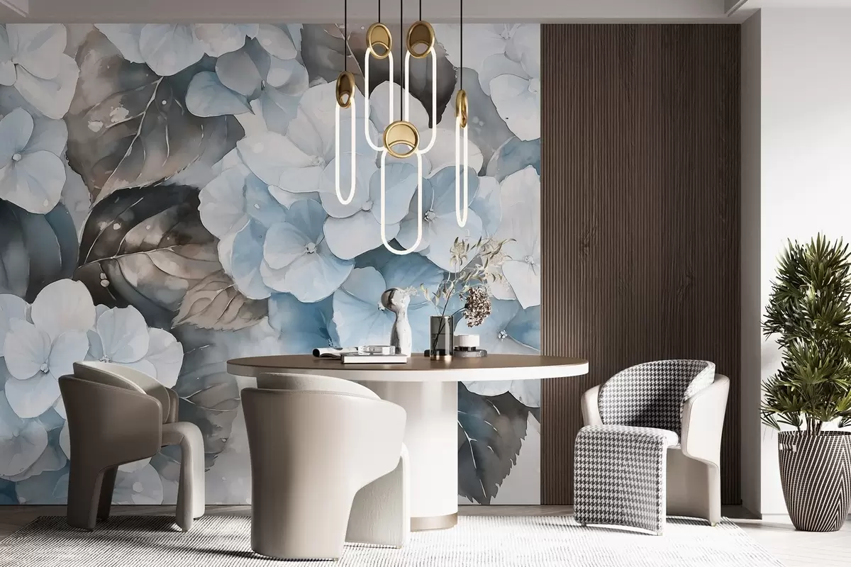 Fototapete Hydrangea Blumen, Aquarell-Stil Zeichnung, blaue Farben, floral w02488v1