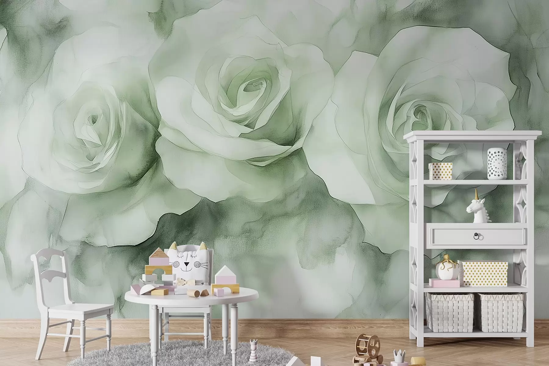 Fototapete Schöne Rosen, Aquarell-Stil, grüne Farben, böhmische w02492v2