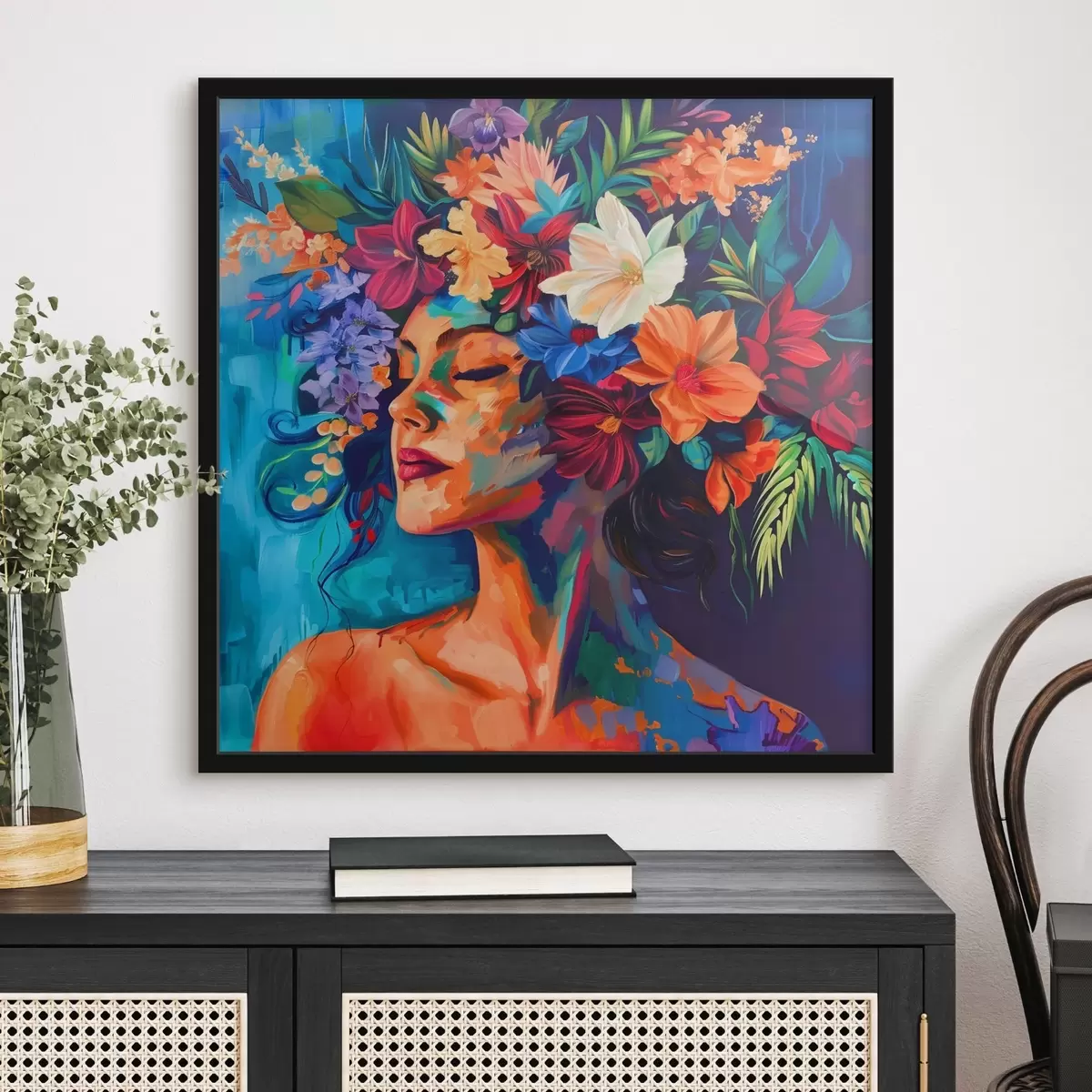 Poster Bild, das eine Frau mit Blumen im Haar zeigt f38574