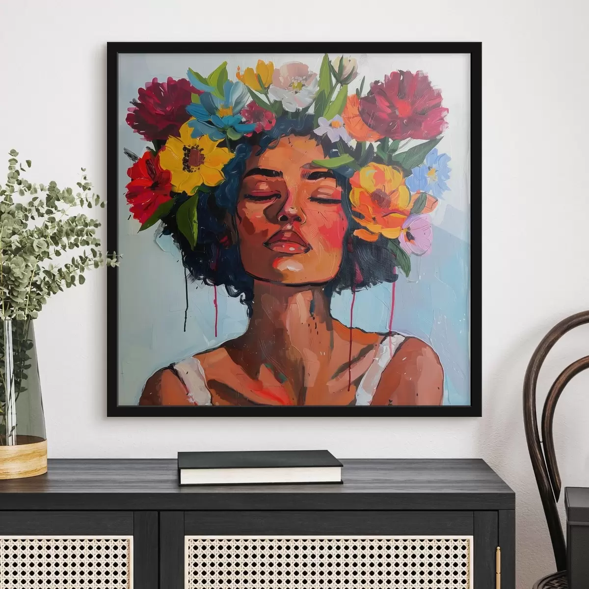 Poster Bild, das eine Frau mit Blumen im Haar zeigt f38575