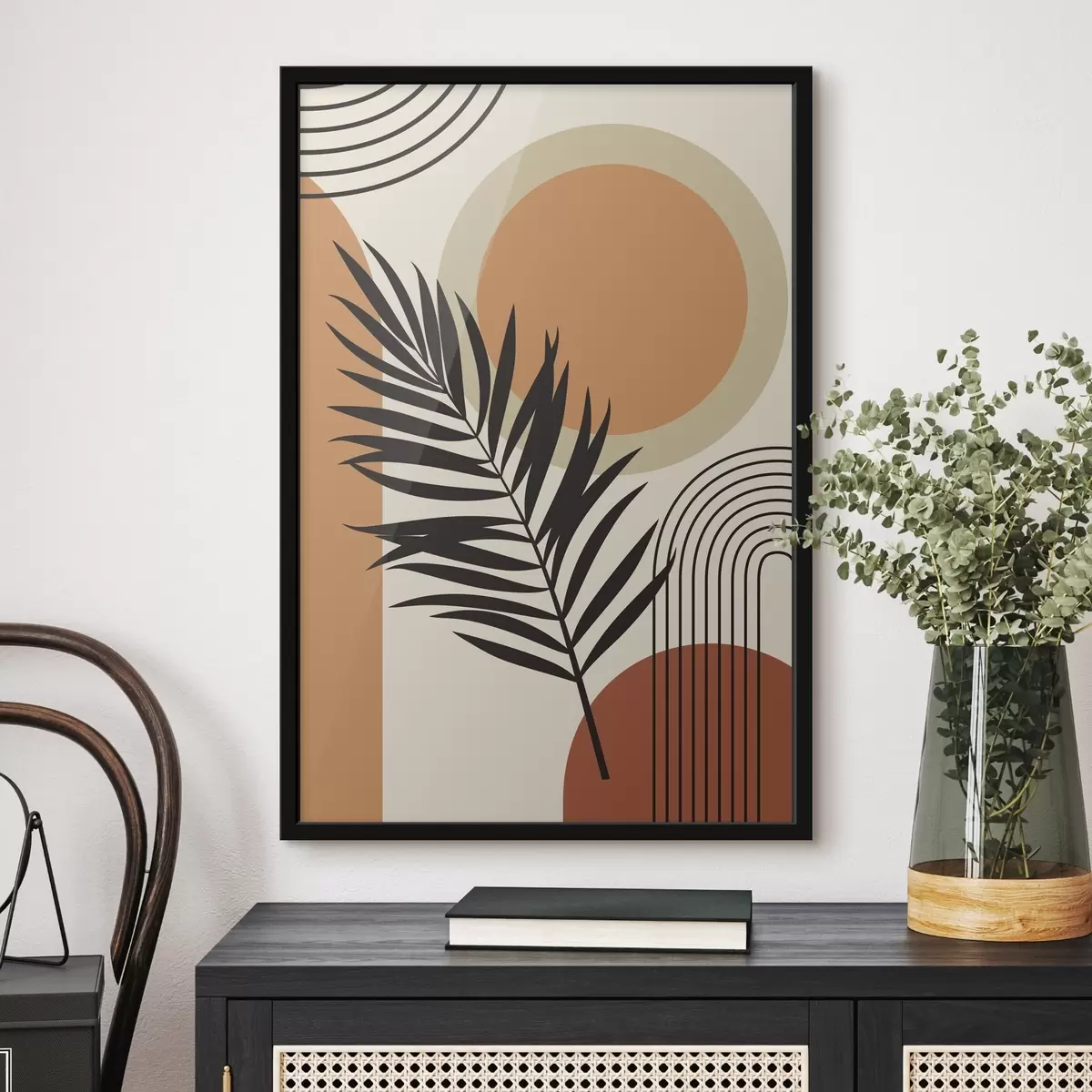 Poster Palmenblatt auf einem geometrischen Hintergrund f36170