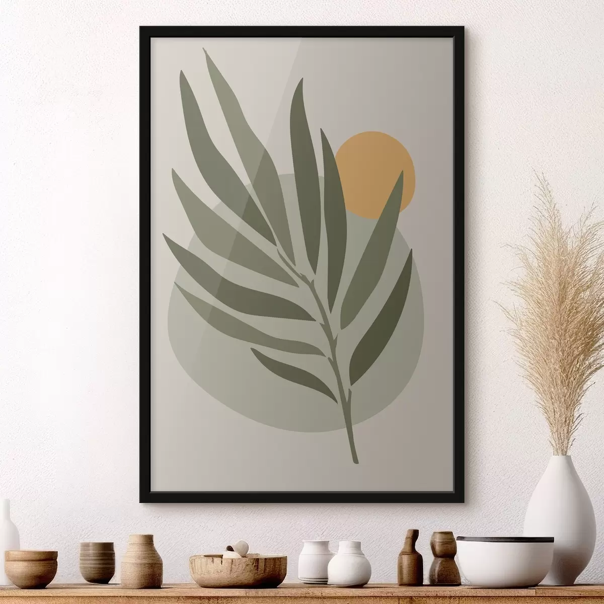 Poster Grünes Blatt mit gelbem Kreis f37442