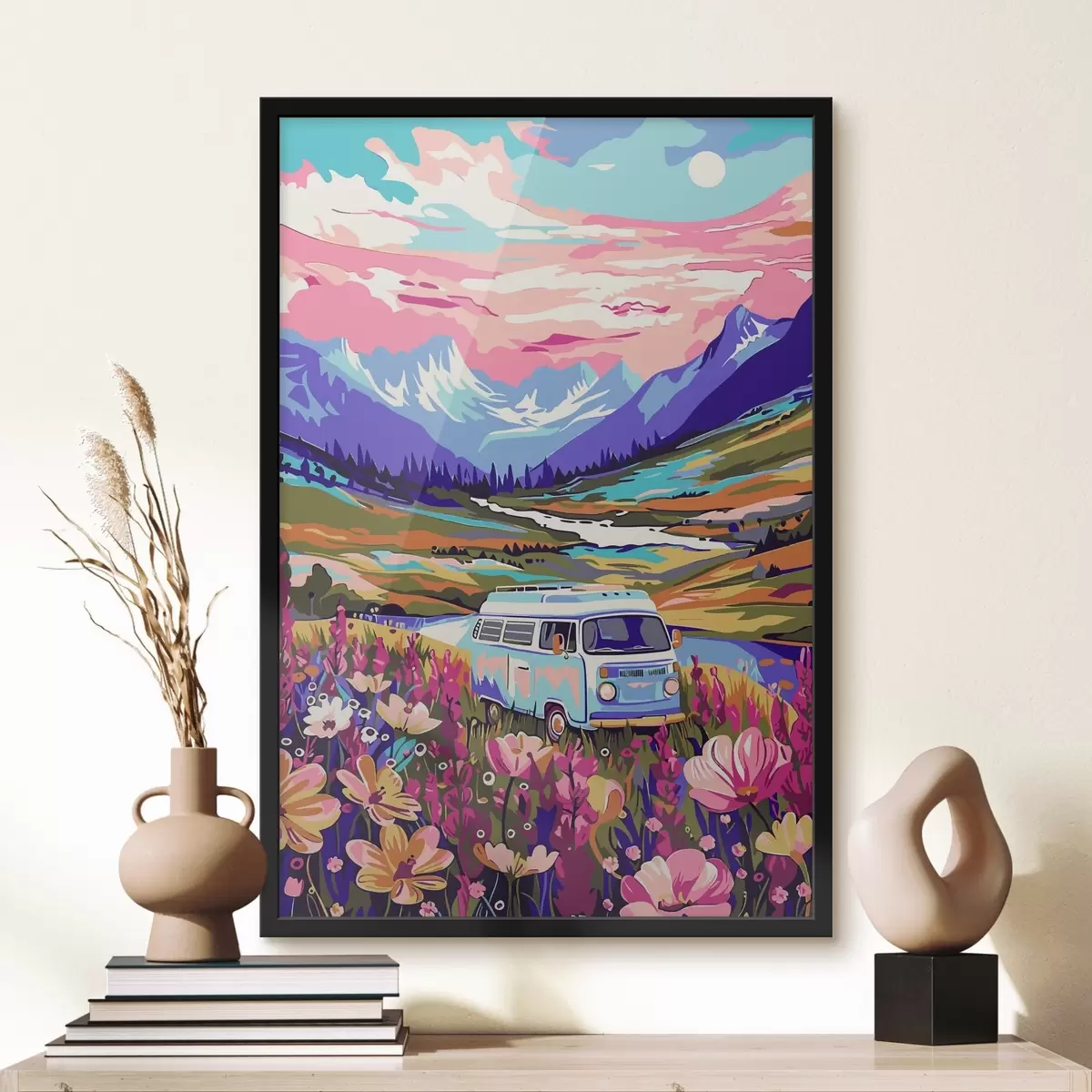 Poster Ein Lieferwagen fährt durch ein Blumenfeld f38260