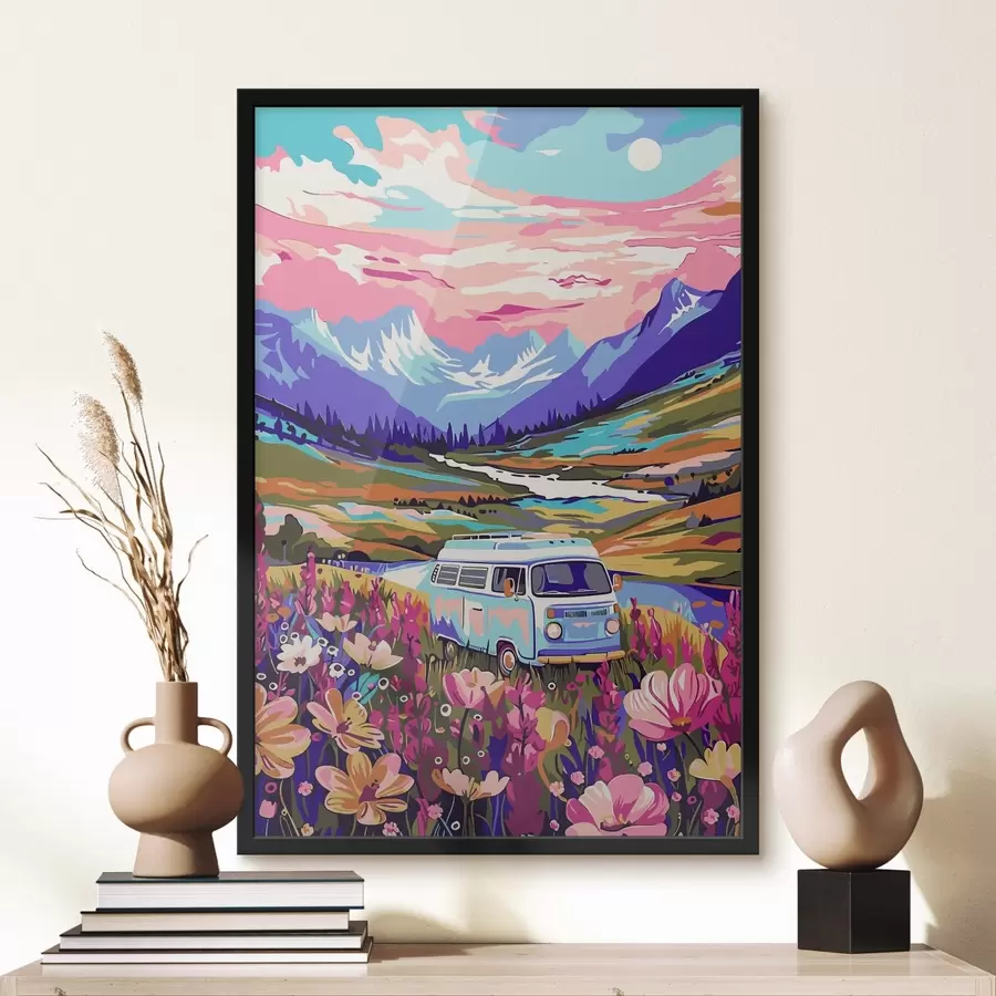 Fototapete Ein Lieferwagen fährt durch ein Blumenfeld f38260