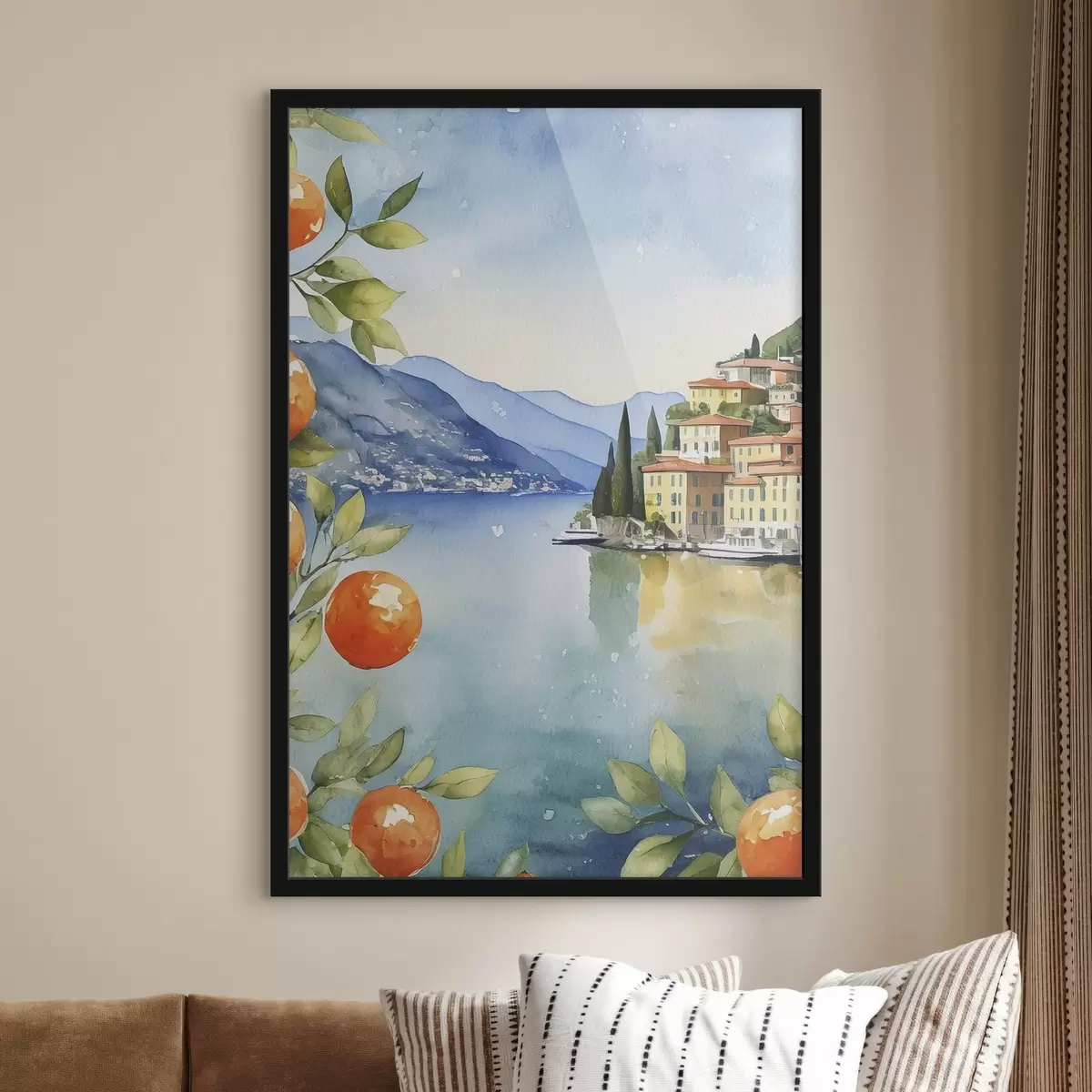 Poster Ein Aquarell, das eine Stadt am Rande eines Stausees zeigt f38402