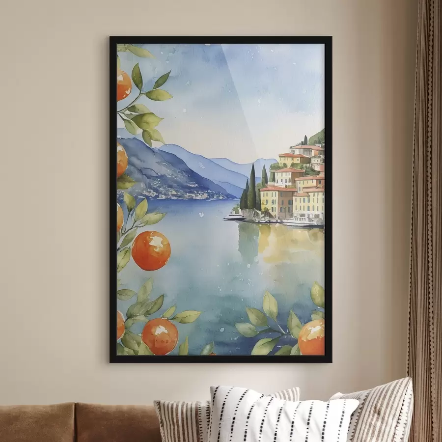 Fototapete Ein Aquarell, das eine Stadt am Rande eines Stausees zeigt f38402