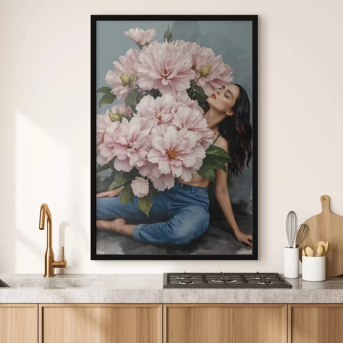 Poster Auf dem Boden sitzende Frau mit einem großen Blumenstrauß f38595