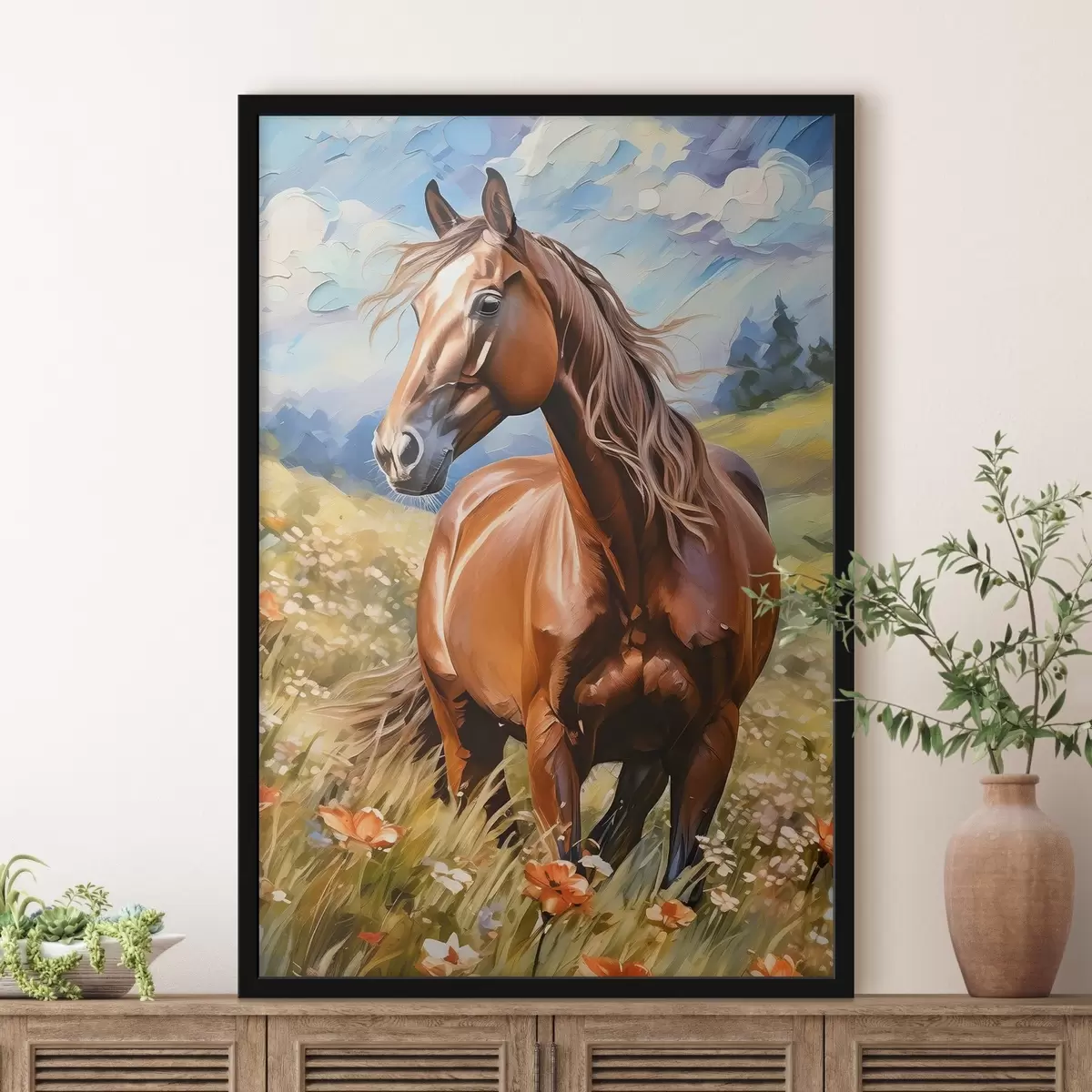 Poster Pferd in einem Blumenfeld f38728