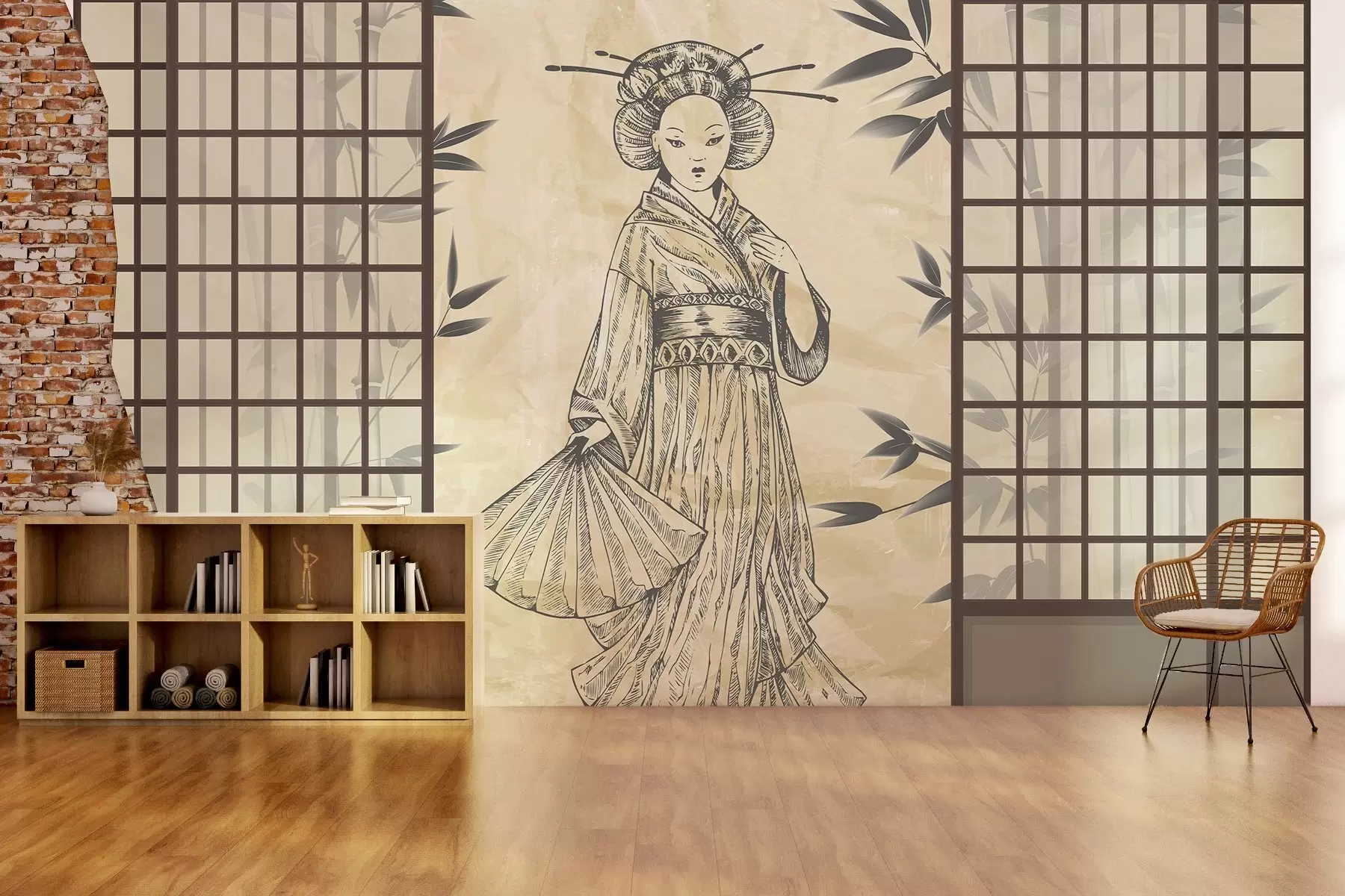 Fototapete Altes Haus im asiatischen Stil, Mädchen in traditioneller Kleidung, Kirschblüten, Kirschblüten, Shoji w02535