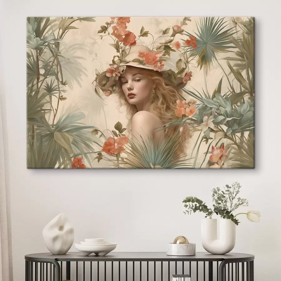 Wandbilder Mädchen mit Hut in den Tropen im Vintage-Stil s42115