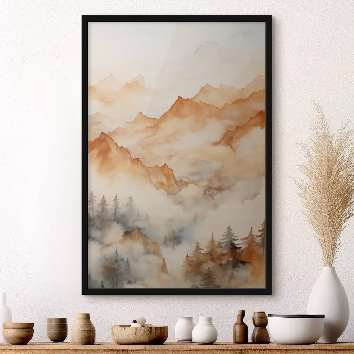 Poster Wald und Berge Nachahmung von Aquarell, orange Farbtöne f42119