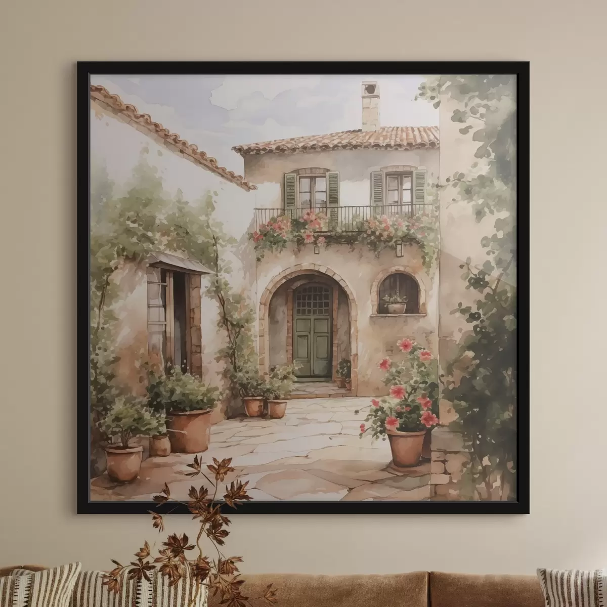 Poster Italienischer Innenhof mit Blumentöpfen Nachahmung eines Aquarells f42126