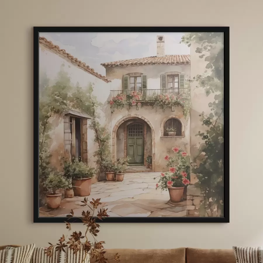 Fototapete Italienischer Innenhof mit Blumentöpfen Nachahmung eines Aquarells f42126