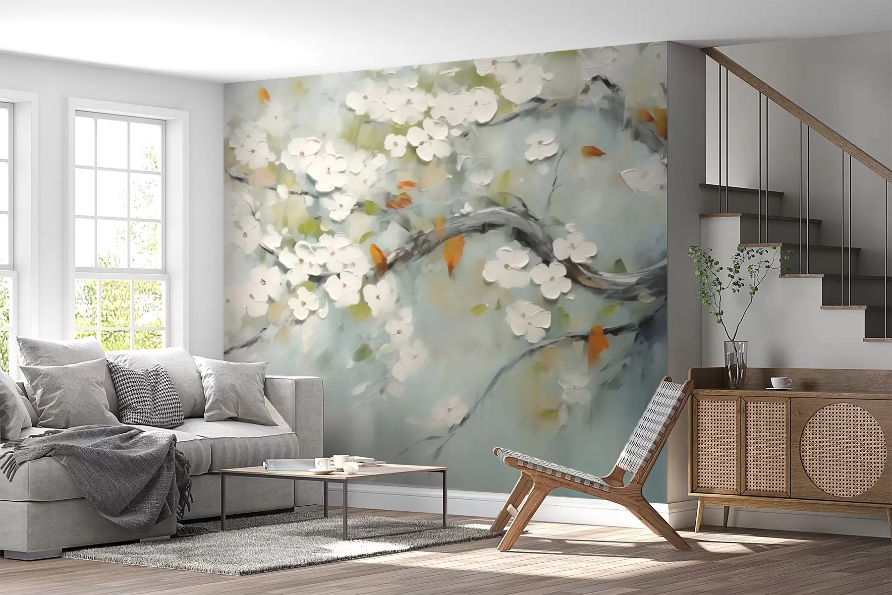 Fototapete Zweig mit weißen Blumen Nachahmung der Malerei Striche w02589