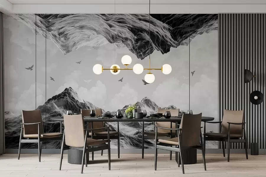 Fototapete Berge Landschaft, Realismus, fliegende Vögel, Natur, Wolken, schwarz und weiß Farben w02514