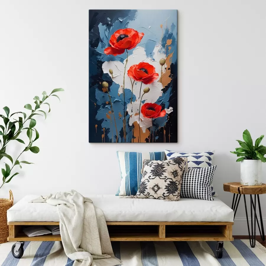 Wandbilder Mohnblumen auf abstraktem mehrfarbigem Hintergrund im Stil der Ölmalerei s41765