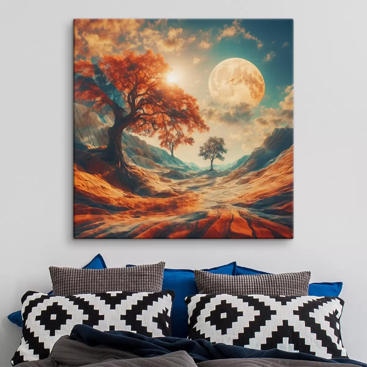 Wandbilder Bäume und Berge auf riesigem Mondhintergrund s41774