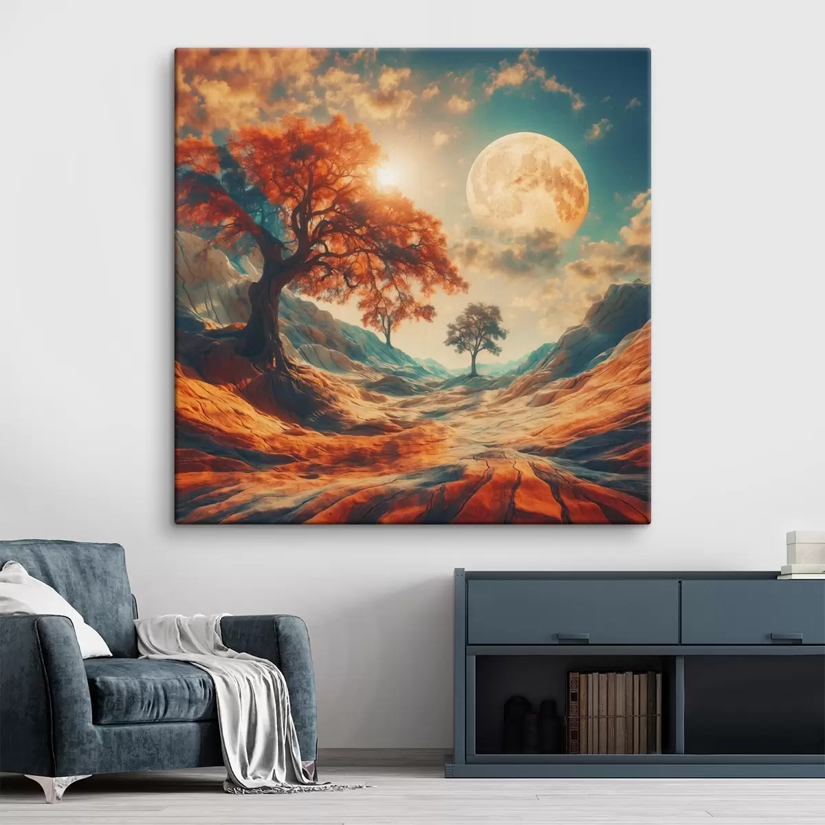 Wandbilder Bäume und Berge auf riesigem Mondhintergrund s41774